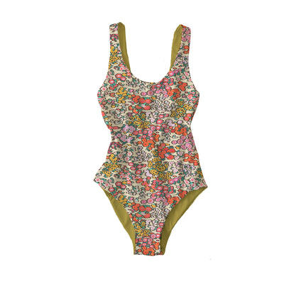 Reversible Blurred Bouquet / Solid Chartreuse One-Piece Swimsuit
