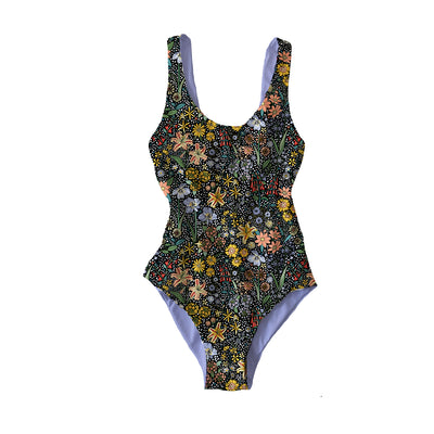 Reversible Festive Floral / Solid Lilac One-Piece Swimsuit