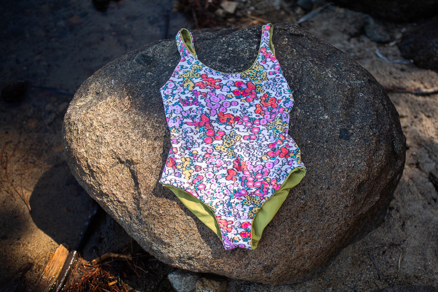 Reversible Blurred Bouquet / Solid Chartreuse One-Piece Swimsuit